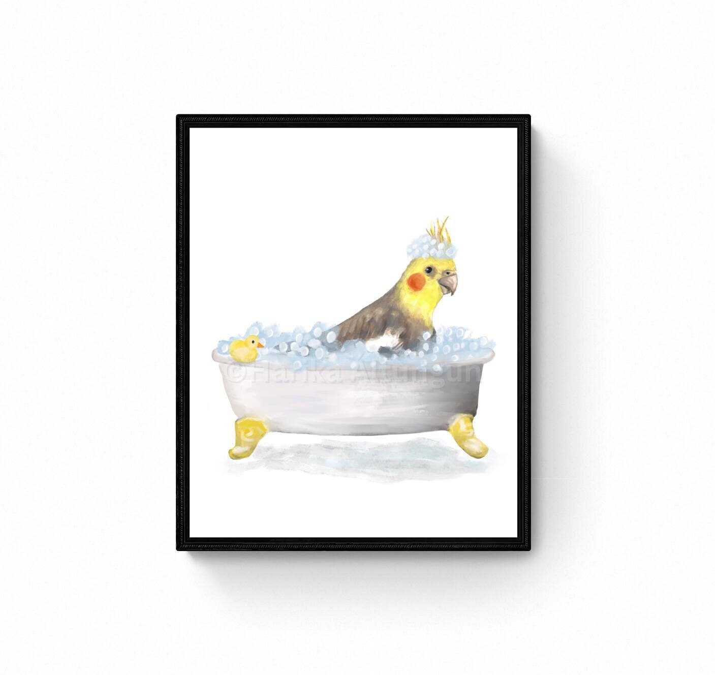 Cockatiel Bathing Print, Parrot In Bathtub, Bathroom Wall Art, Cockatiel Memorial Painting, Bird Relaxing In Bath Print, Parrot Mom and Dad - MerikaArt