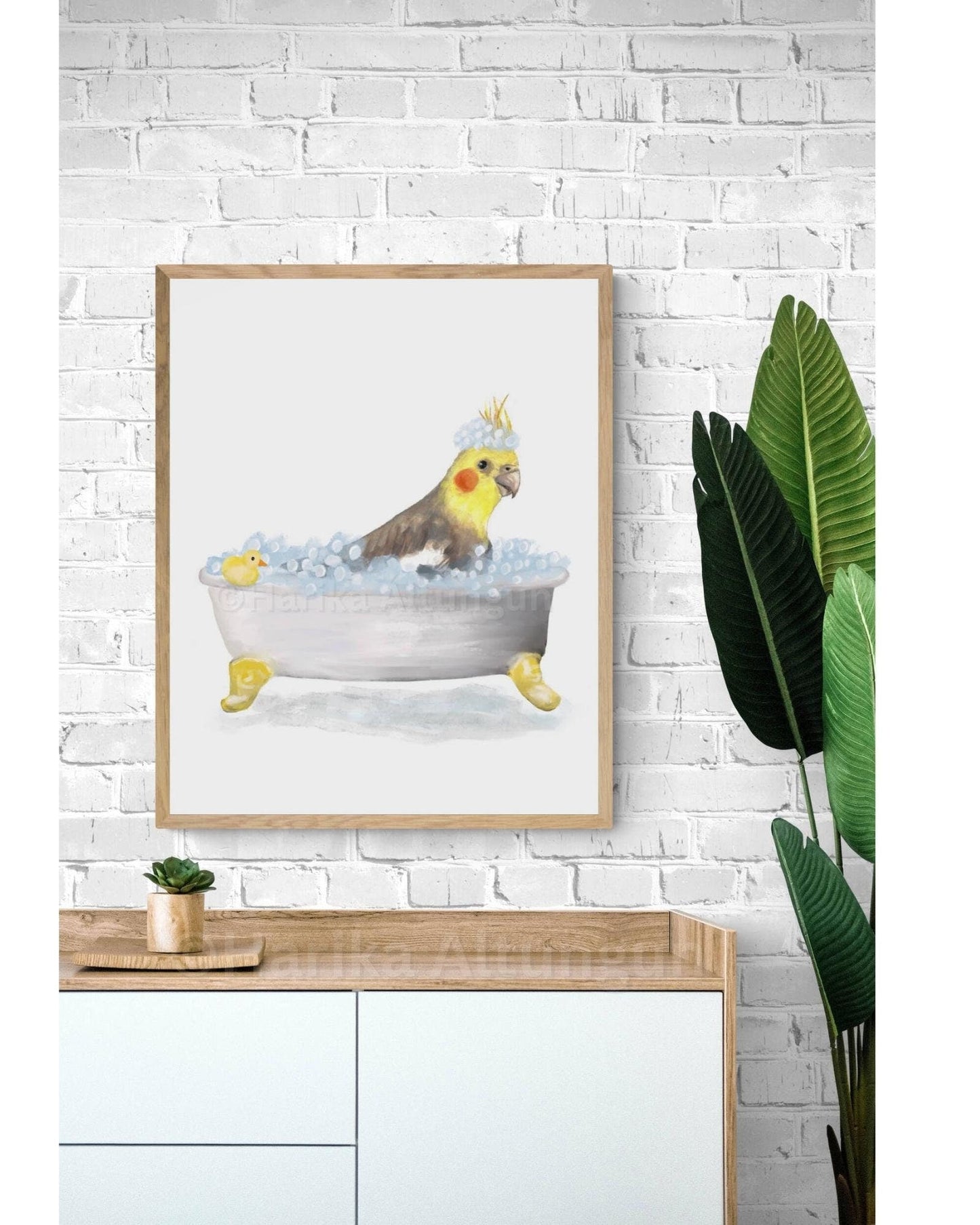 Cockatiel Bathing Print, Parrot In Bathtub, Bathroom Wall Art, Cockatiel Memorial Painting, Bird Relaxing In Bath Print, Parrot Mom and Dad - MerikaArt