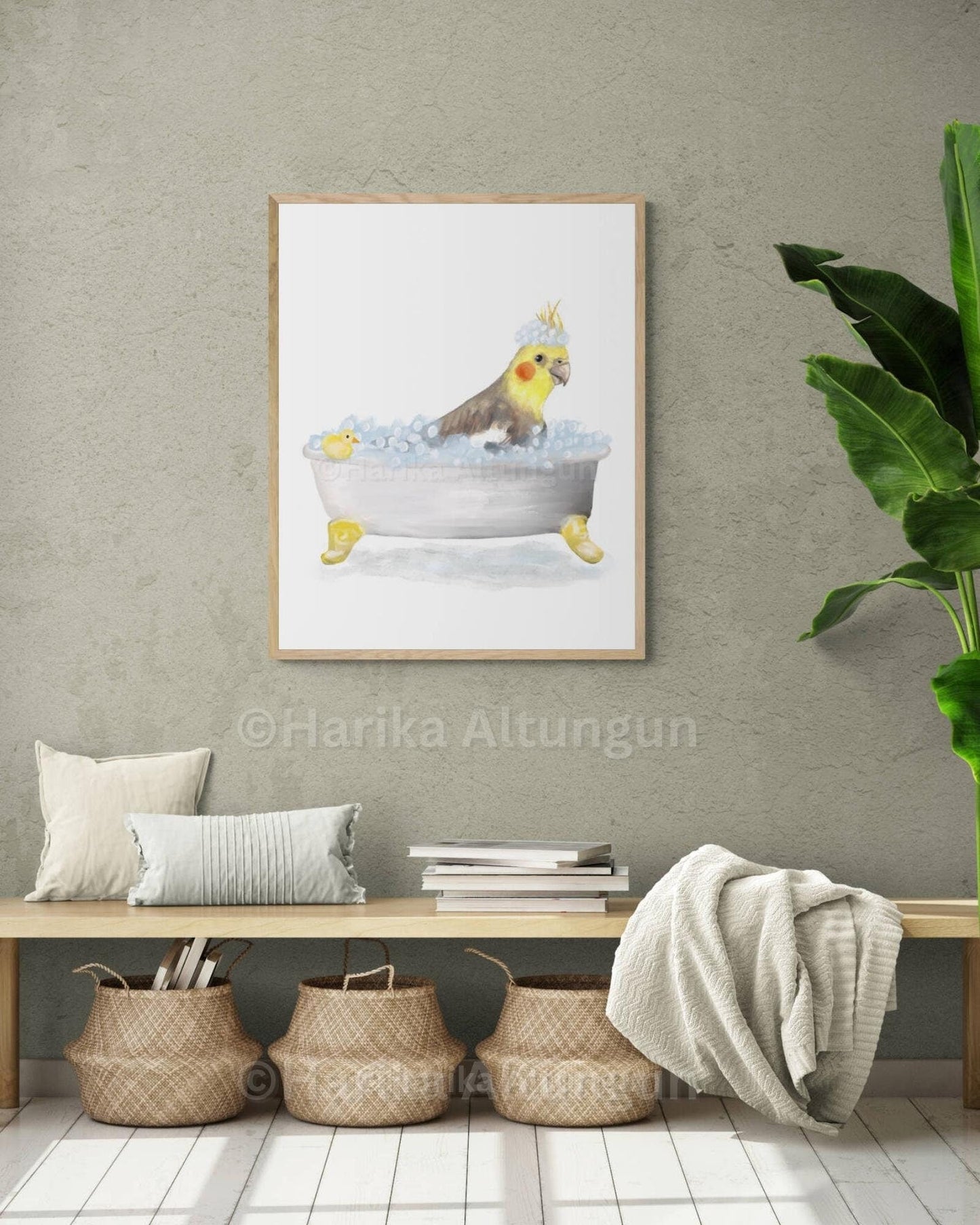 Cockatiel Bathing Print, Parrot In Bathtub, Bathroom Wall Art, Cockatiel Memorial Painting, Bird Relaxing In Bath Print, Parrot Mom and Dad - MerikaArt