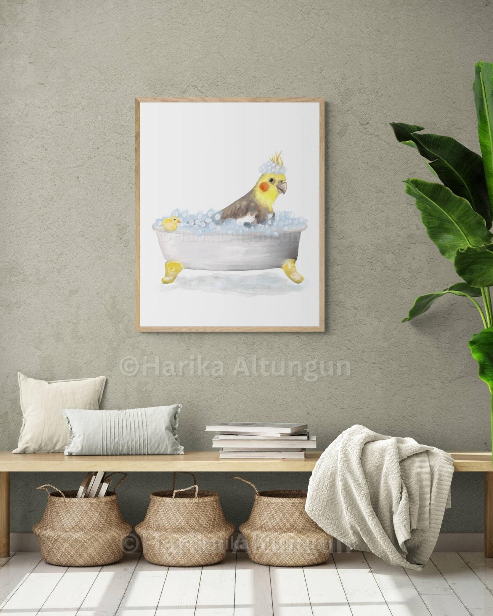 Cockatiel Bathing Print, Parrot In Bathtub, Bathroom Wall Art, Cockatiel Memorial Painting, Bird Relaxing In Bath Print, Parrot Mom and Dad - MerikaArt