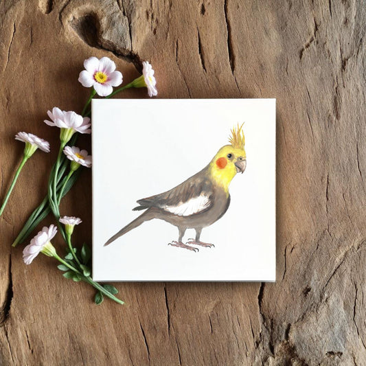 Cockatiel Ceramic Tile – Handcrafted Bird Artwork - MerikaArt