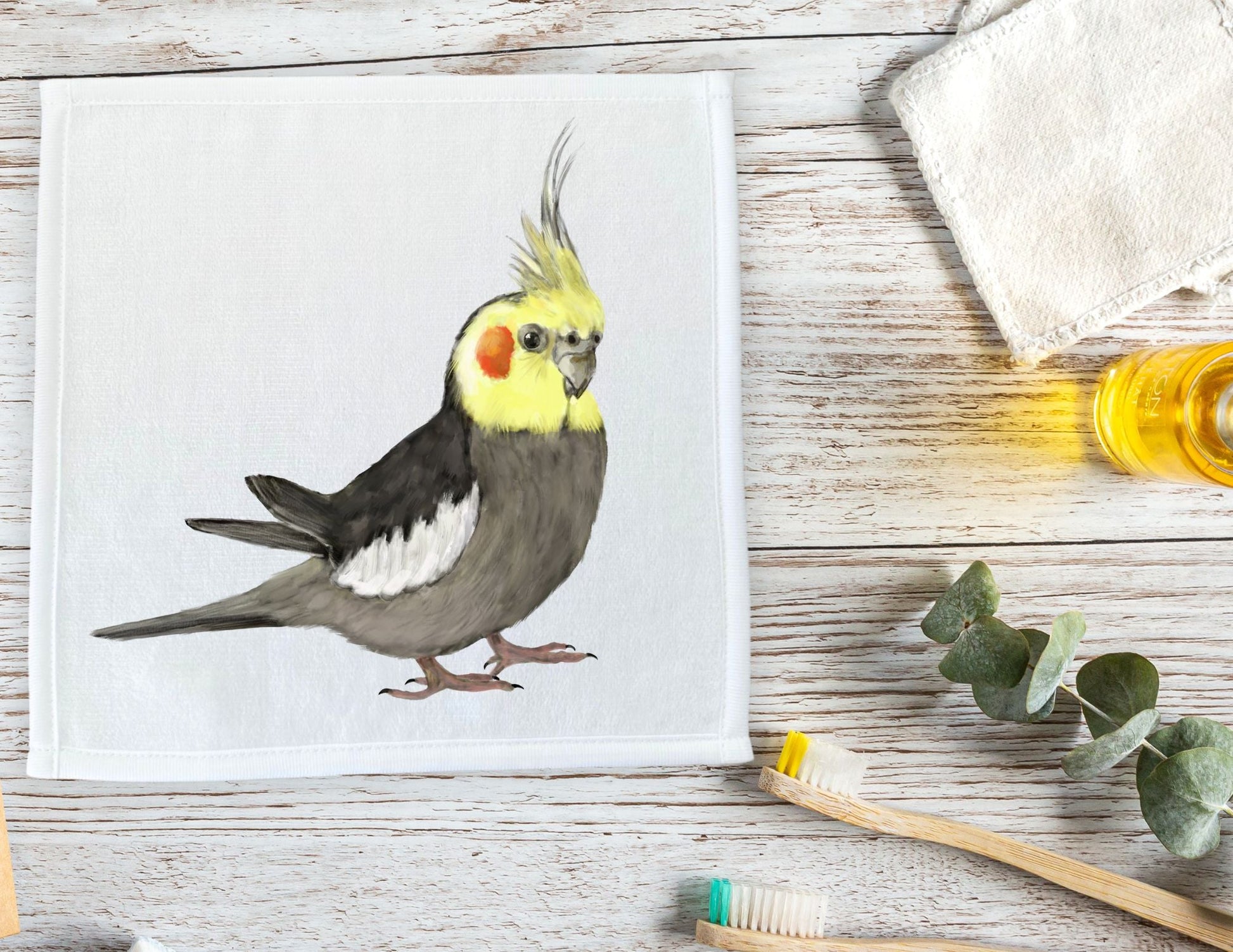 Cockatiel Delight Washcloth | Soft Gray and Yellow Elegance - MerikaArt