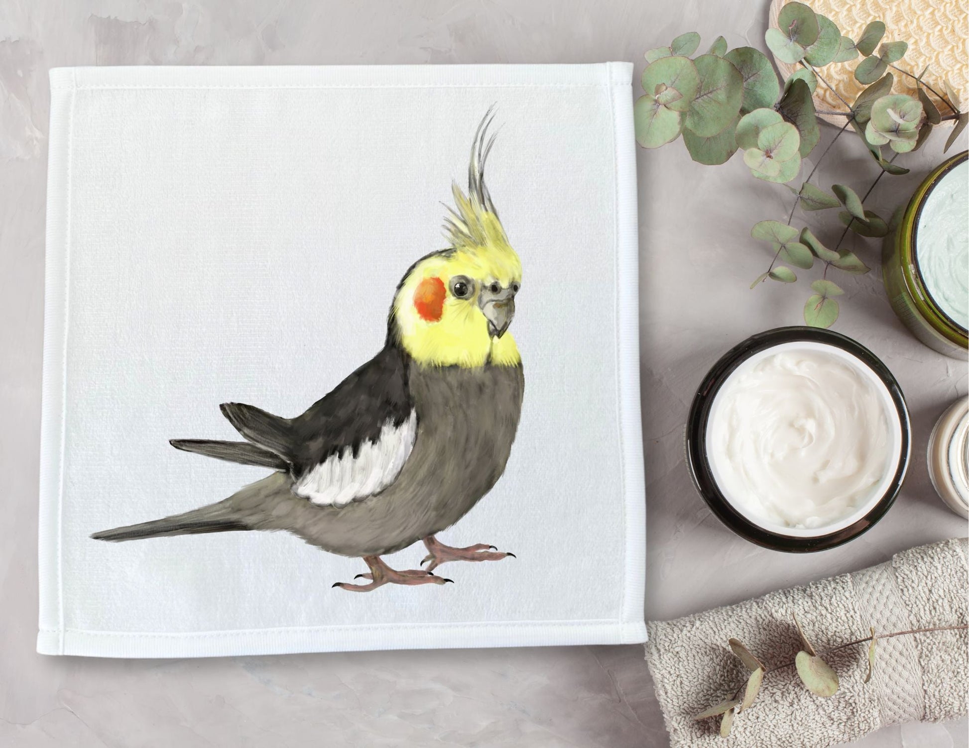 Cockatiel Delight Washcloth | Soft Gray and Yellow Elegance - MerikaArt