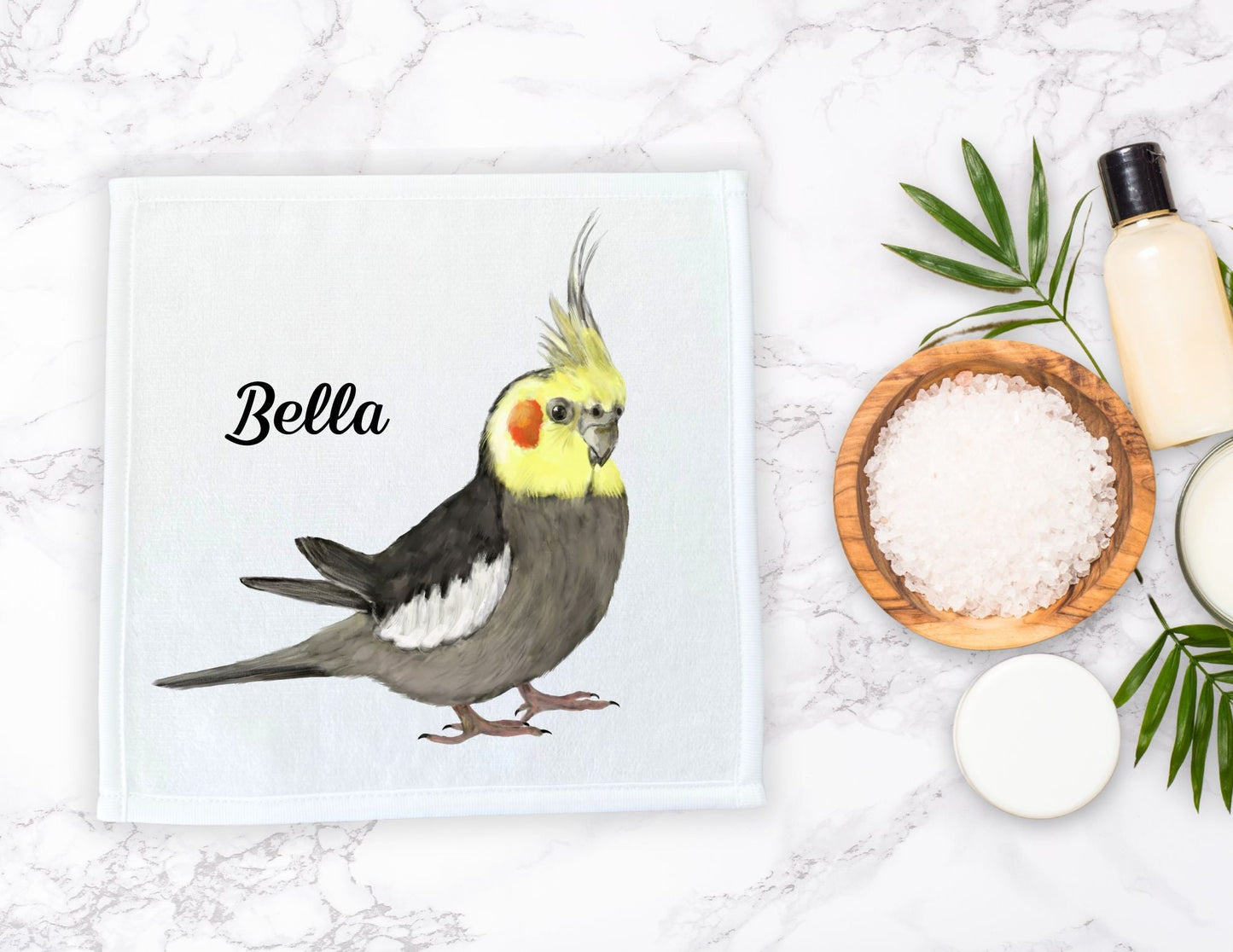 Cockatiel Delight Washcloth | Soft Gray and Yellow Elegance - MerikaArt