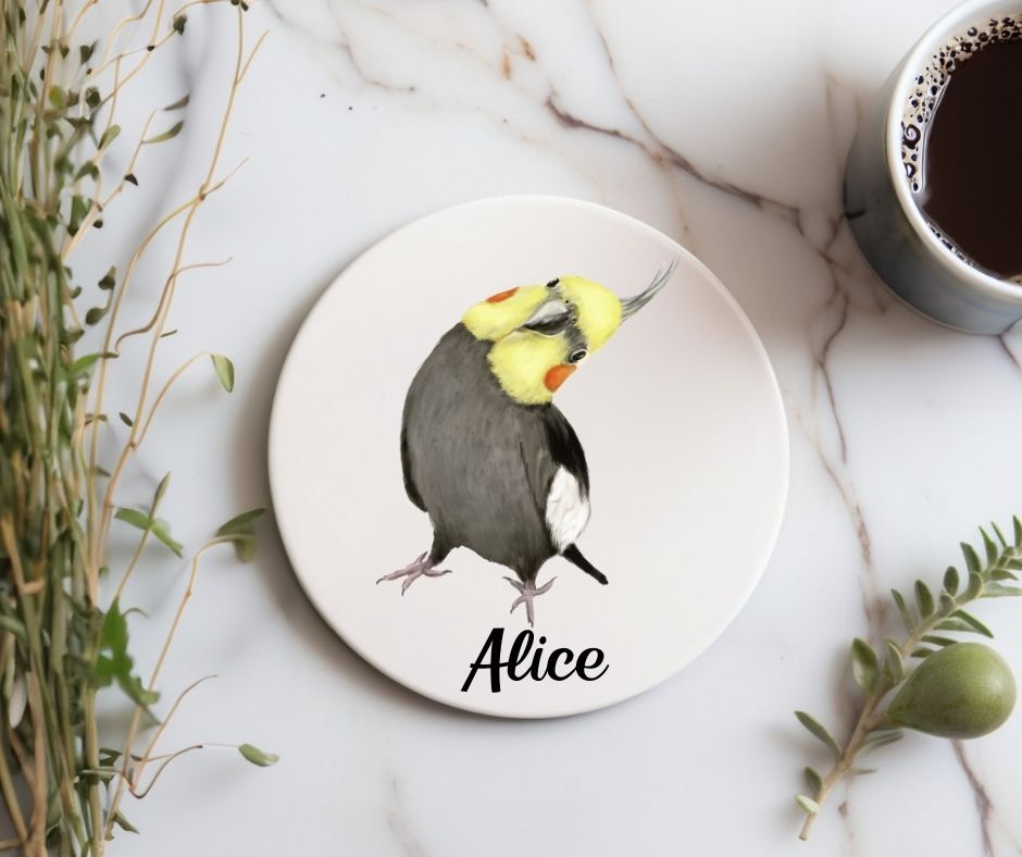 Cockatiel Head Tilt Ceramic Coaster - MerikaArt