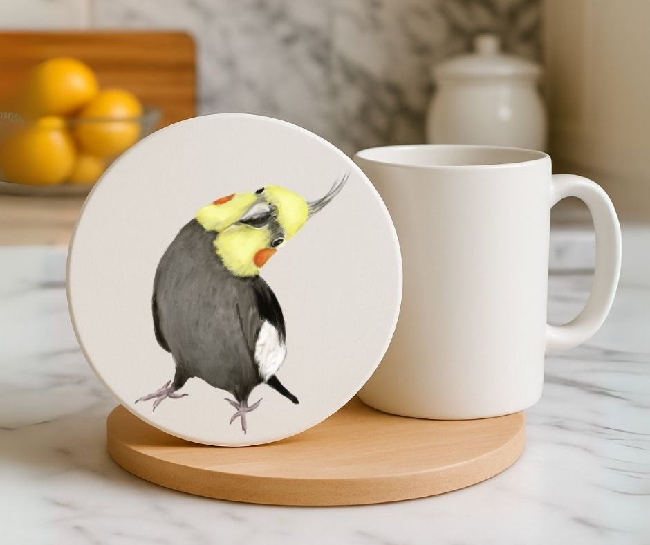 Cockatiel Head Tilt Ceramic Coaster - MerikaArt