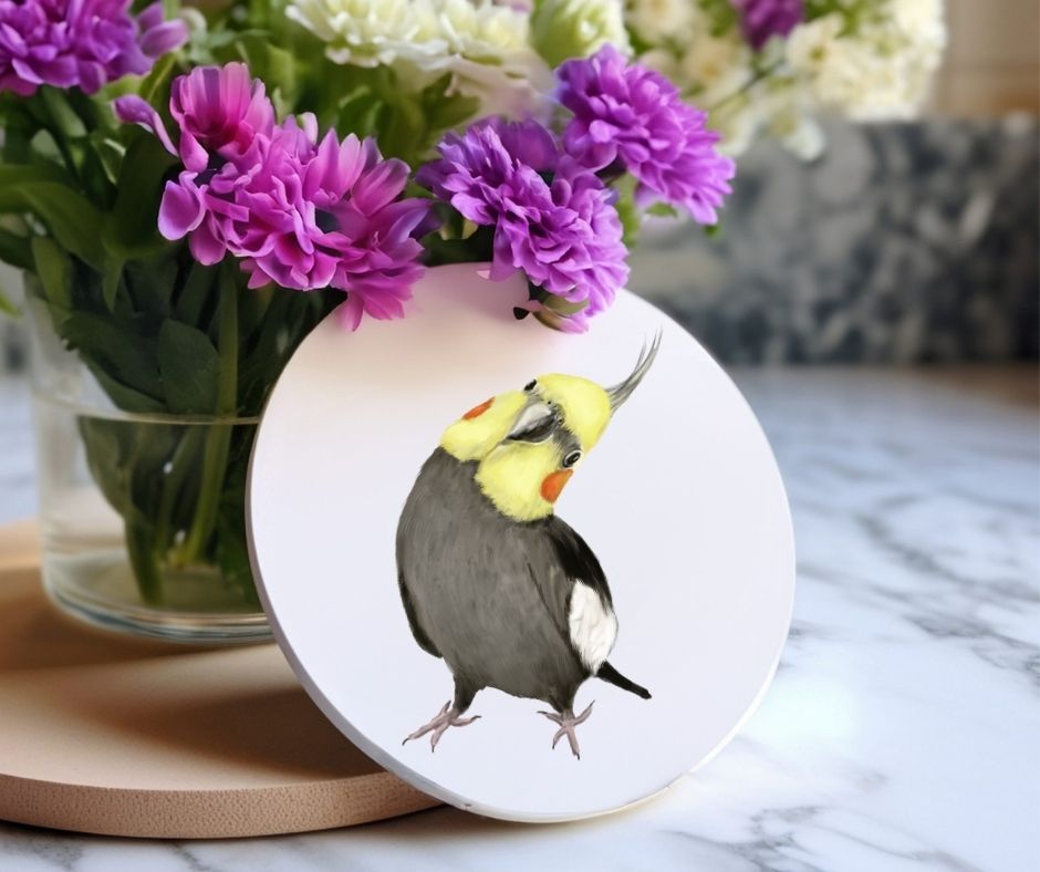 Cockatiel Head Tilt Ceramic Coaster - MerikaArt