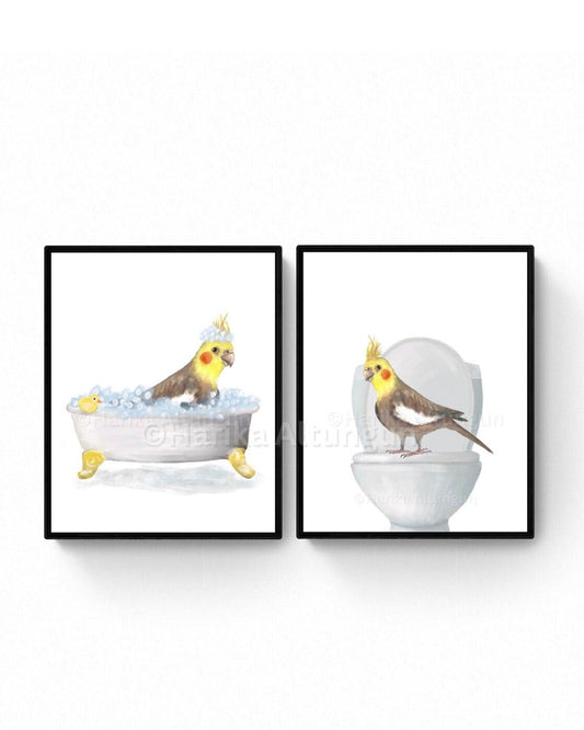 Cockatiel in Bathroom Set of 2, Cockatiel On Toilet Print, Parrot In Bath, Animal Bathroom Wall Art, Cockatiel Memorial Painting, Bird Lover - MerikaArt