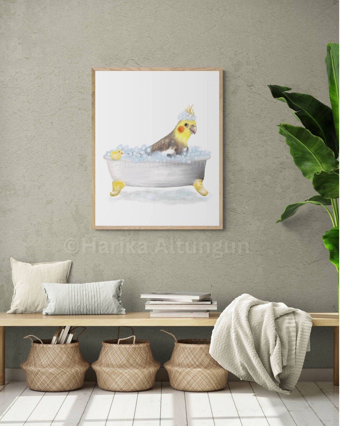 Cockatiel in Bathroom Set of 2, Cockatiel On Toilet Print, Parrot In Bath, Animal Bathroom Wall Art, Cockatiel Memorial Painting, Bird Lover - MerikaArt