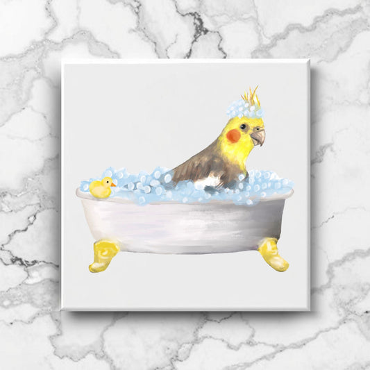 Cockatiel in Bathtub Ceramic Tile – Handcrafted Whimsical Bird Decor - MerikaArt