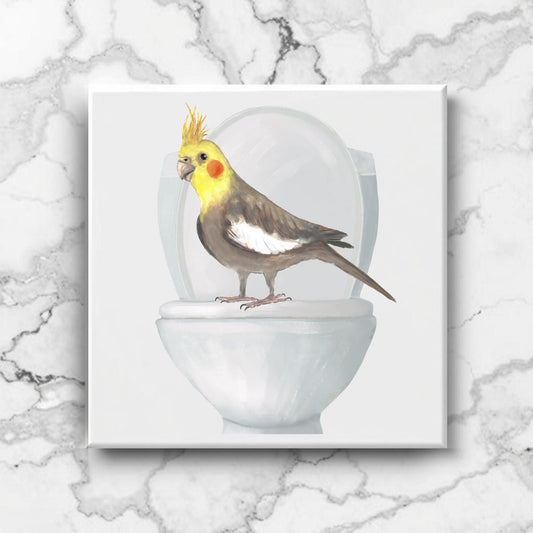 Cockatiel on Toilet Ceramic Tile – Handcrafted Bird Lover Decor - MerikaArt