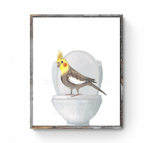 Cockatiel On Toilet Print, Cockatiel In Bathroom, Animal Bathroom Wall Art, Bird Memorial Painting, Parrot In Bath Print, Pet Mom Dad Gift - MerikaArt