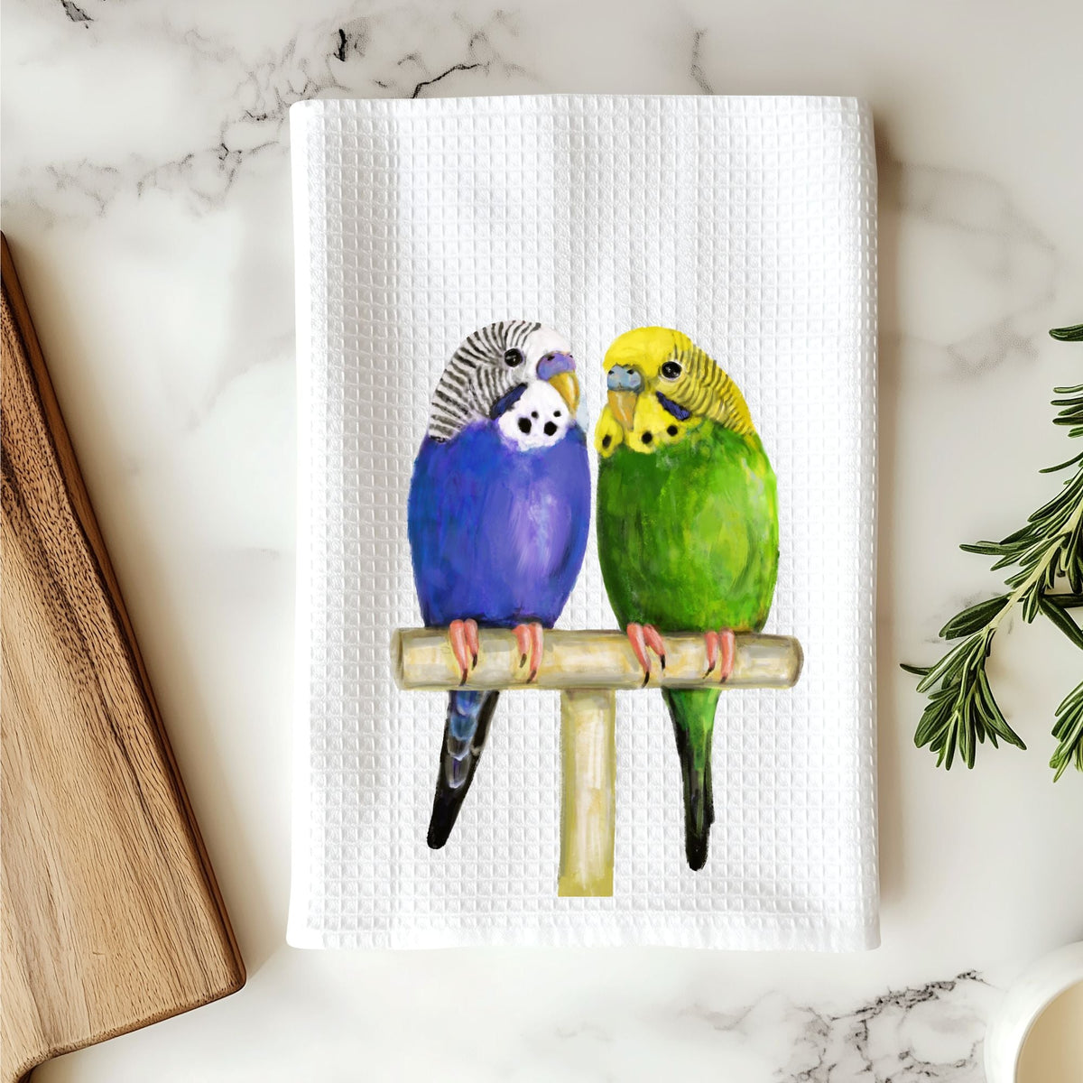 Colorful Budgies Waffle Weave Kitchen Towel - MerikaArt
