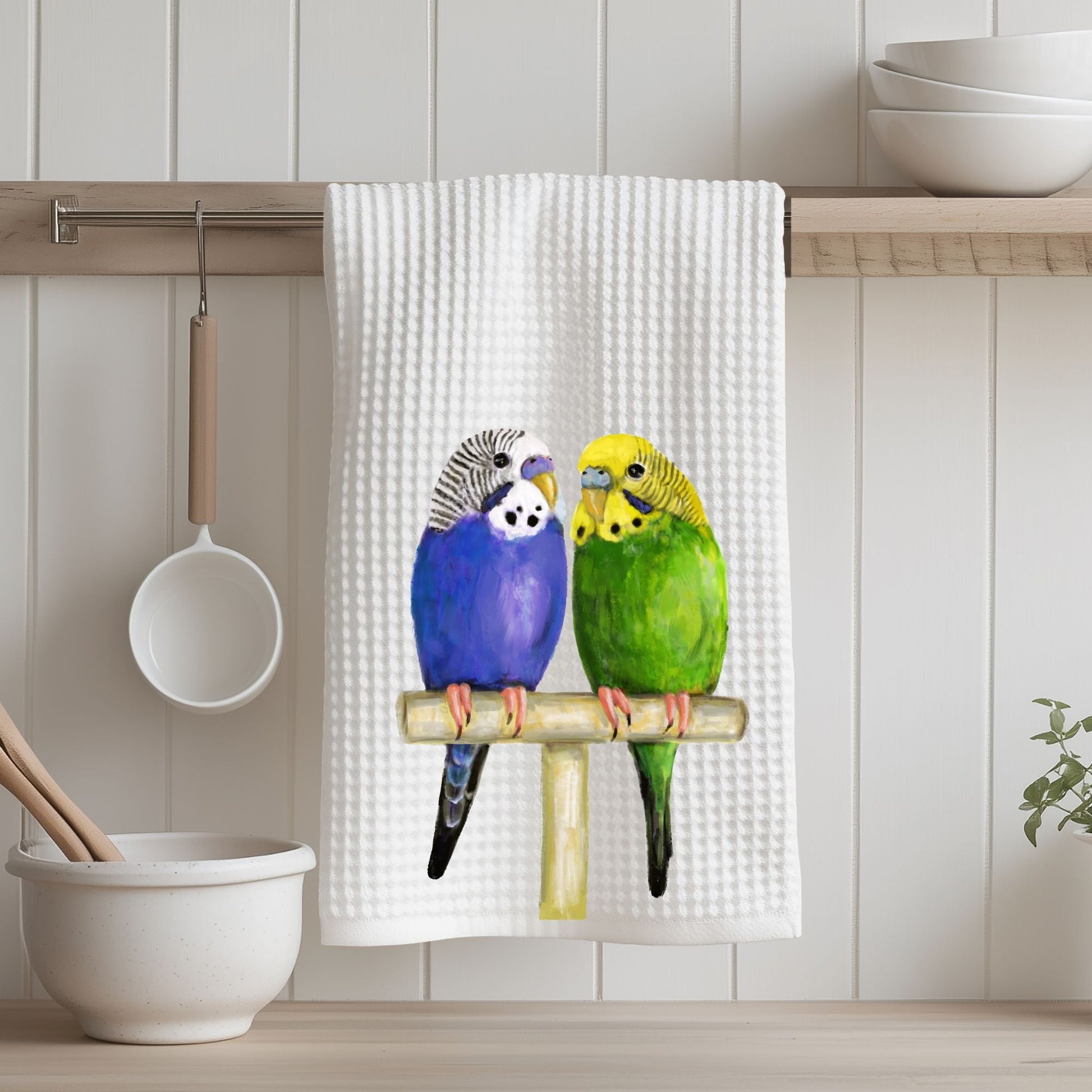 Colorful Budgies Waffle Weave Kitchen Towel - MerikaArt