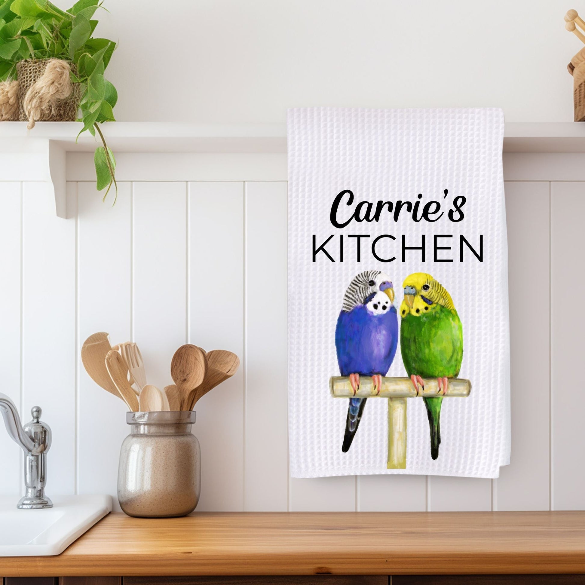 Colorful Budgies Waffle Weave Kitchen Towel - MerikaArt