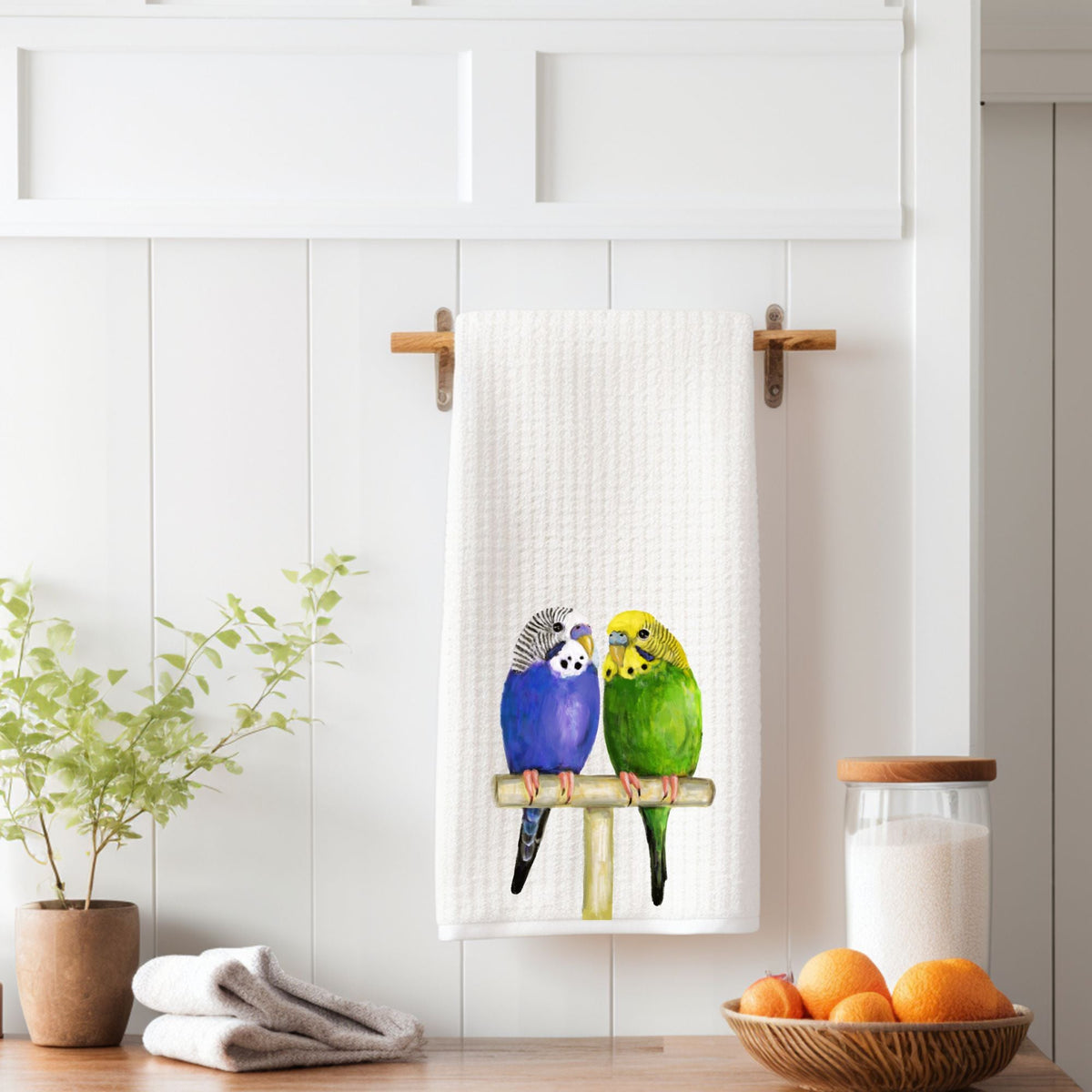 Colorful Budgies Waffle Weave Kitchen Towel - MerikaArt
