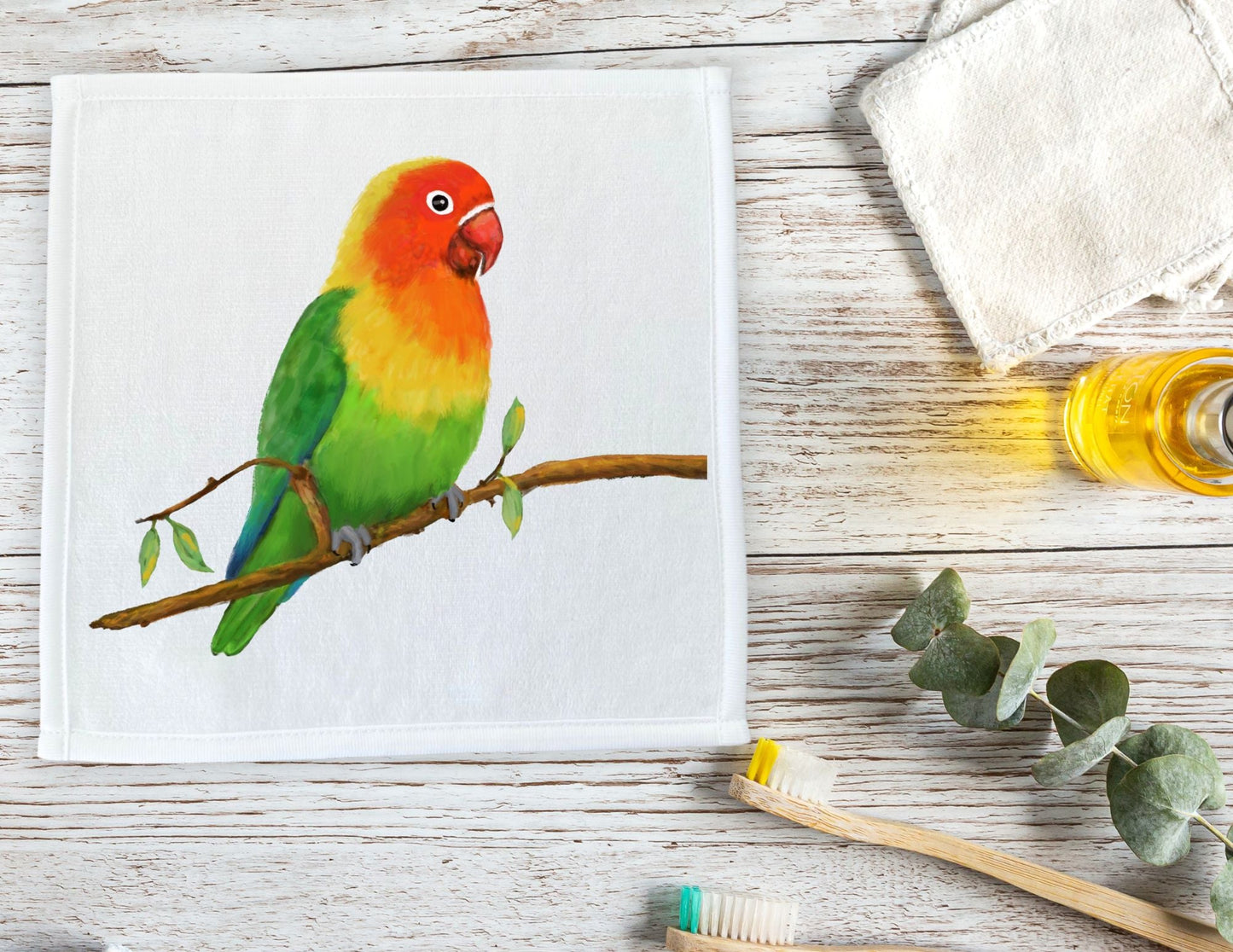 Colorful Lovebird on Branch Washcloth - MerikaArt