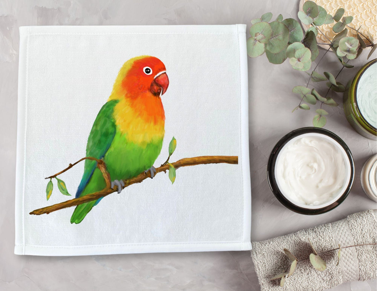 Colorful Lovebird on Branch Washcloth - MerikaArt