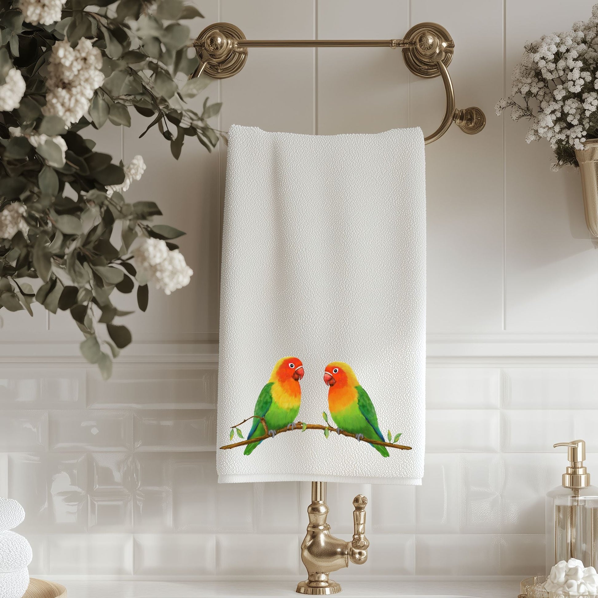 Colorful Lovebirds Bathroom Towel - MerikaArt