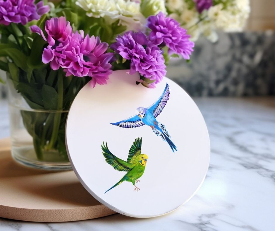 Colorful Parakeets Ceramic Coaster - MerikaArt