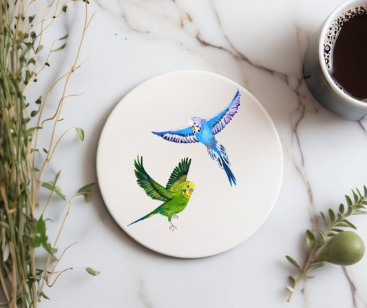 Colorful Parakeets Ceramic Coaster - MerikaArt