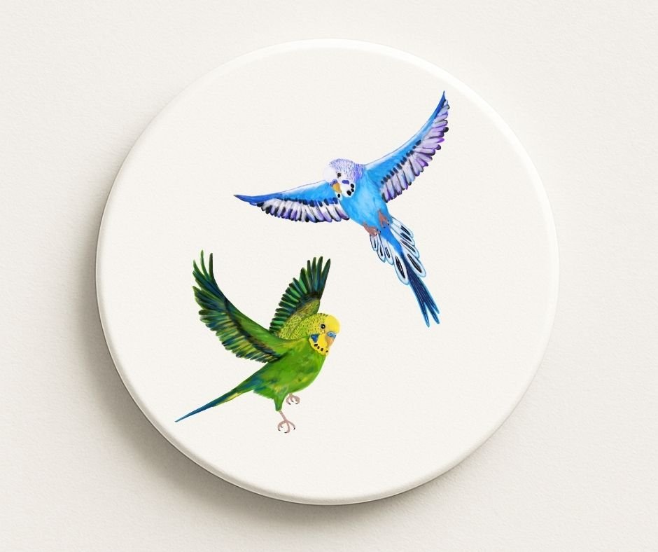Colorful Parakeets Ceramic Coaster - MerikaArt