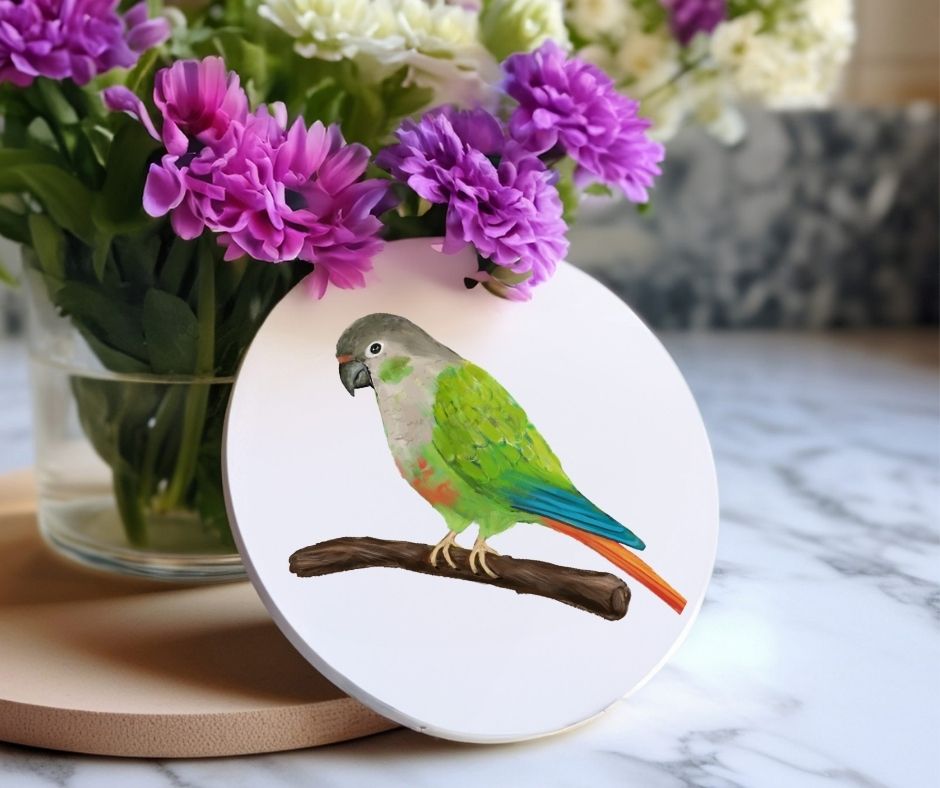 Colorful Parrot on Branch Ceramic Coaster - MerikaArt