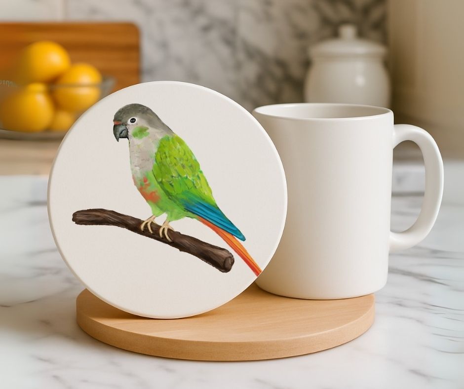 Colorful Parrot on Branch Ceramic Coaster - MerikaArt