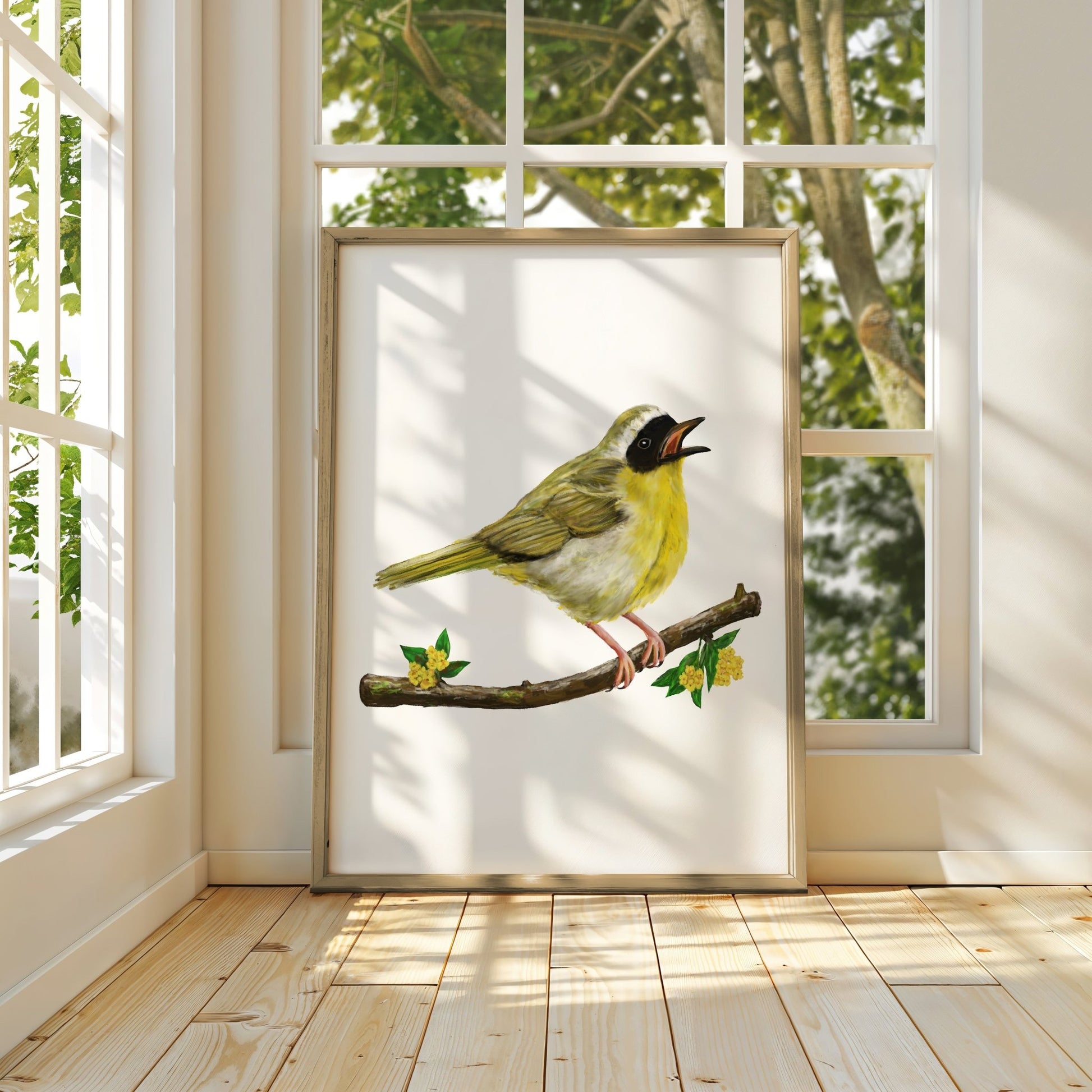 Common Yellowthroat Art Print – Yellow Warbler Bird Illustration, Backyard Bird Wall Decor - MerikaArt