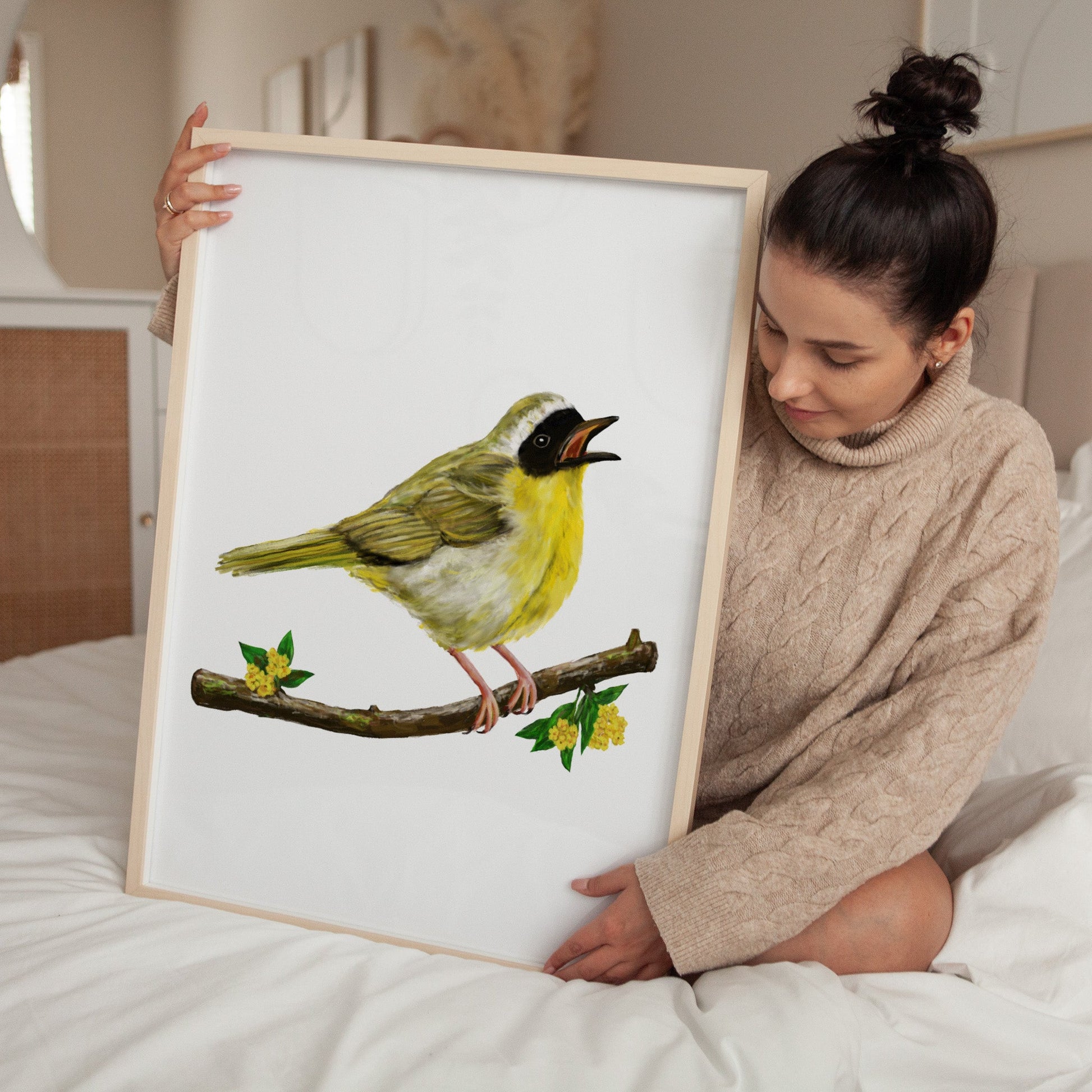 Common Yellowthroat Art Print – Yellow Warbler Bird Illustration, Backyard Bird Wall Decor - MerikaArt