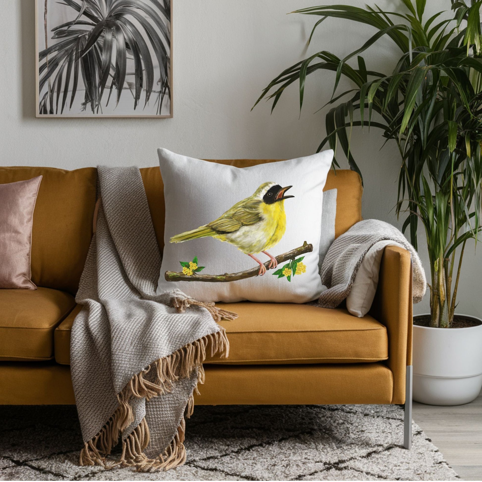 Common Yellowthroat Bird Pillow - MerikaArt