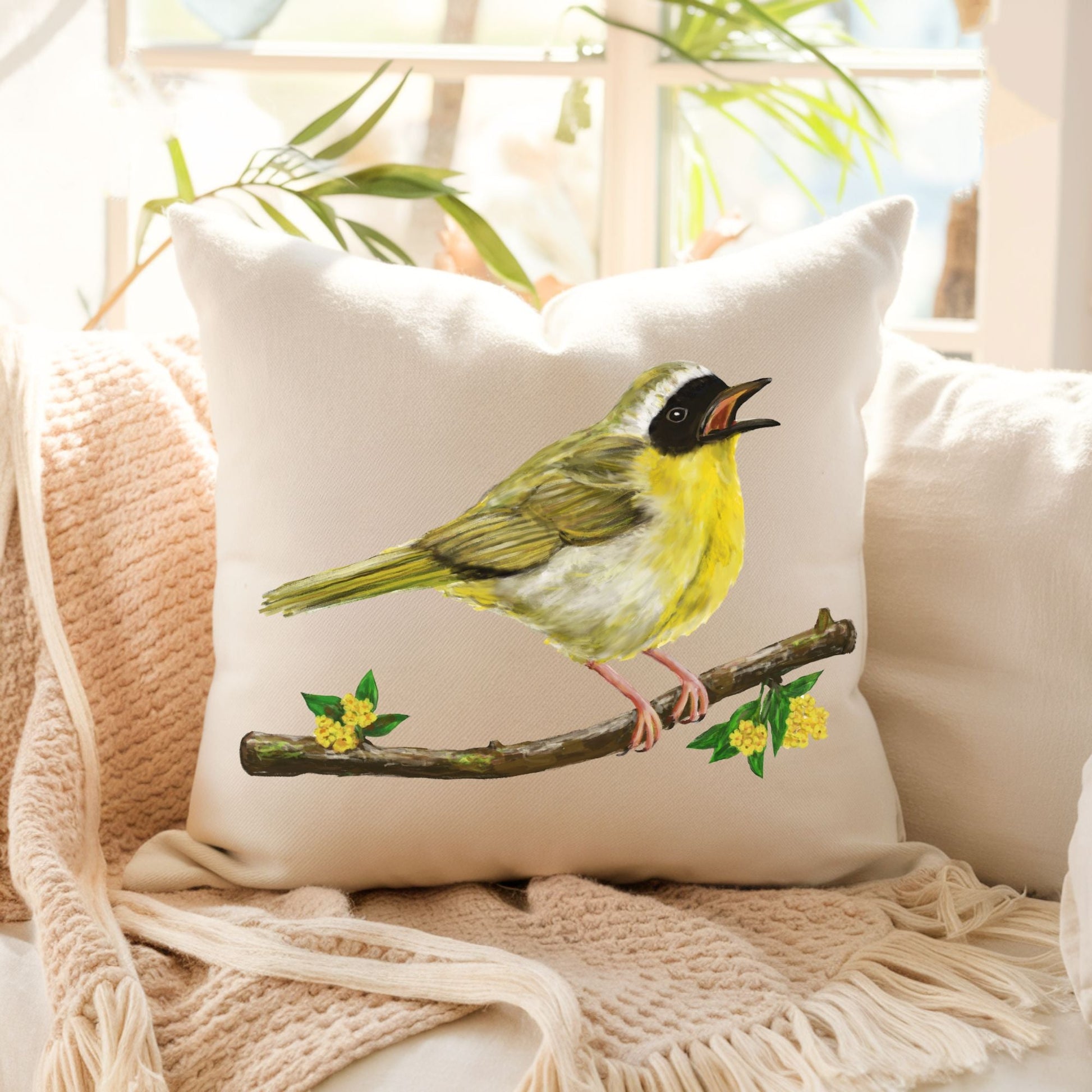 Common Yellowthroat Bird Pillow - MerikaArt