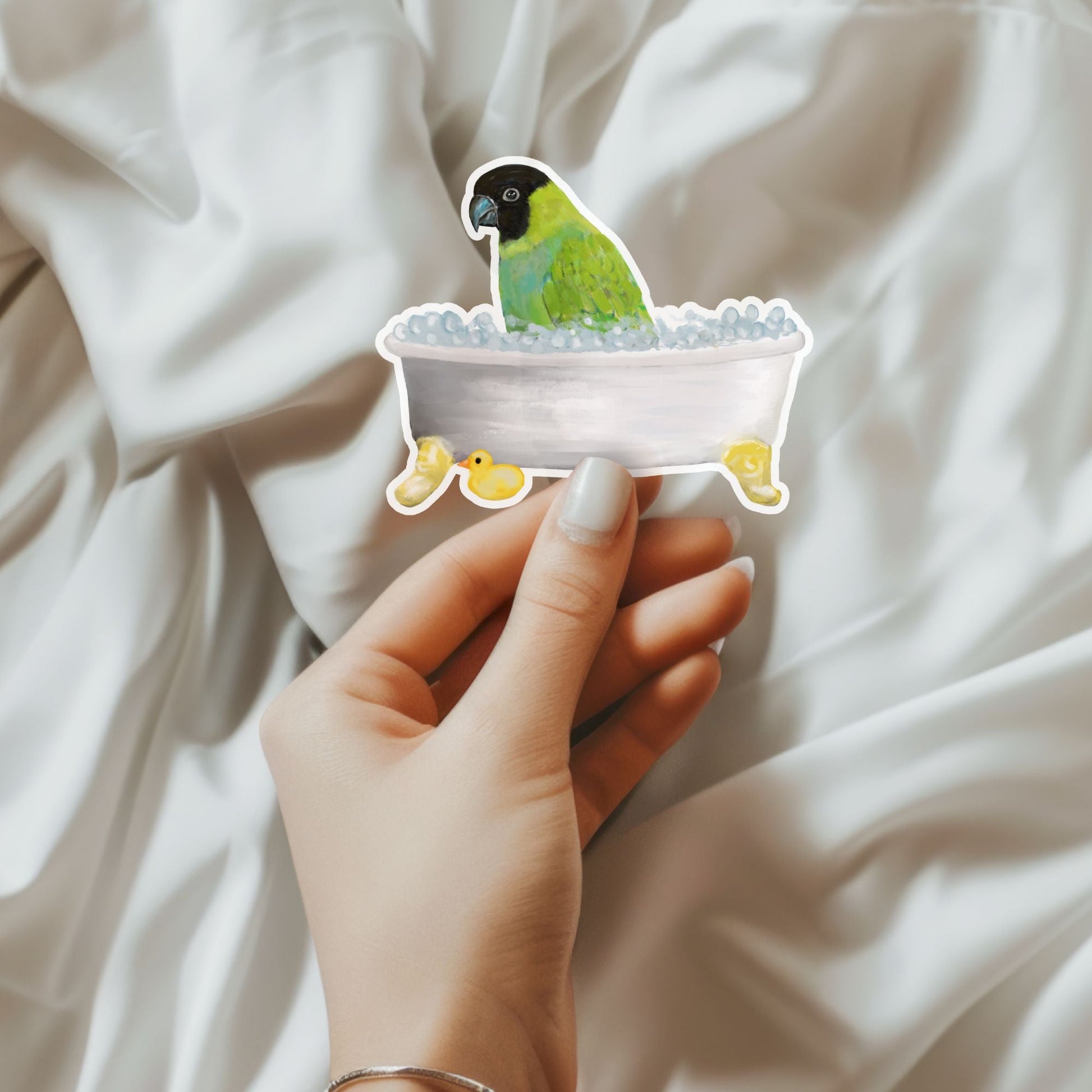 Conure In Bathtub Vinly Sticker - MerikaArt
