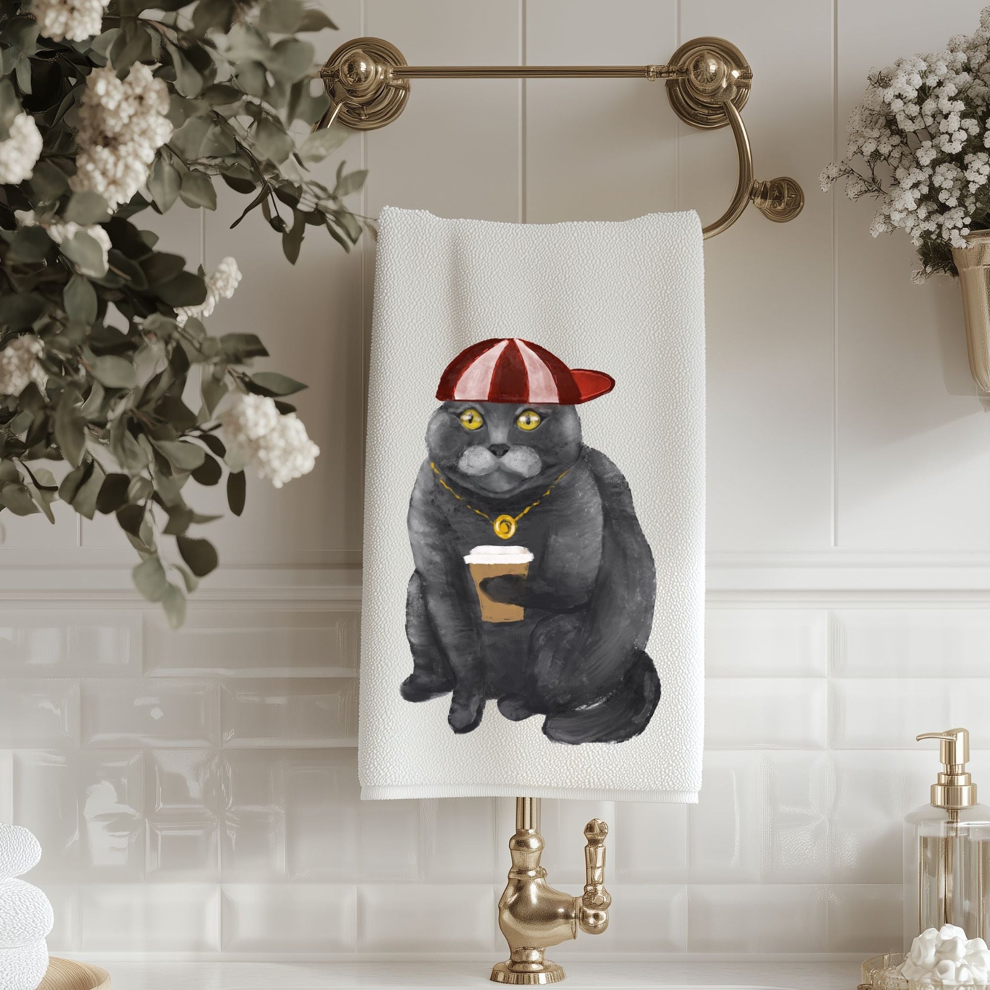 Cool Cat with Coffee Bathroom Towel - MerikaArt