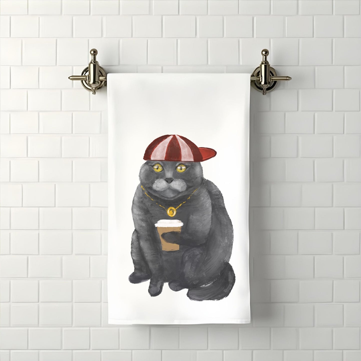 Cool Cat with Coffee Bathroom Towel - MerikaArt