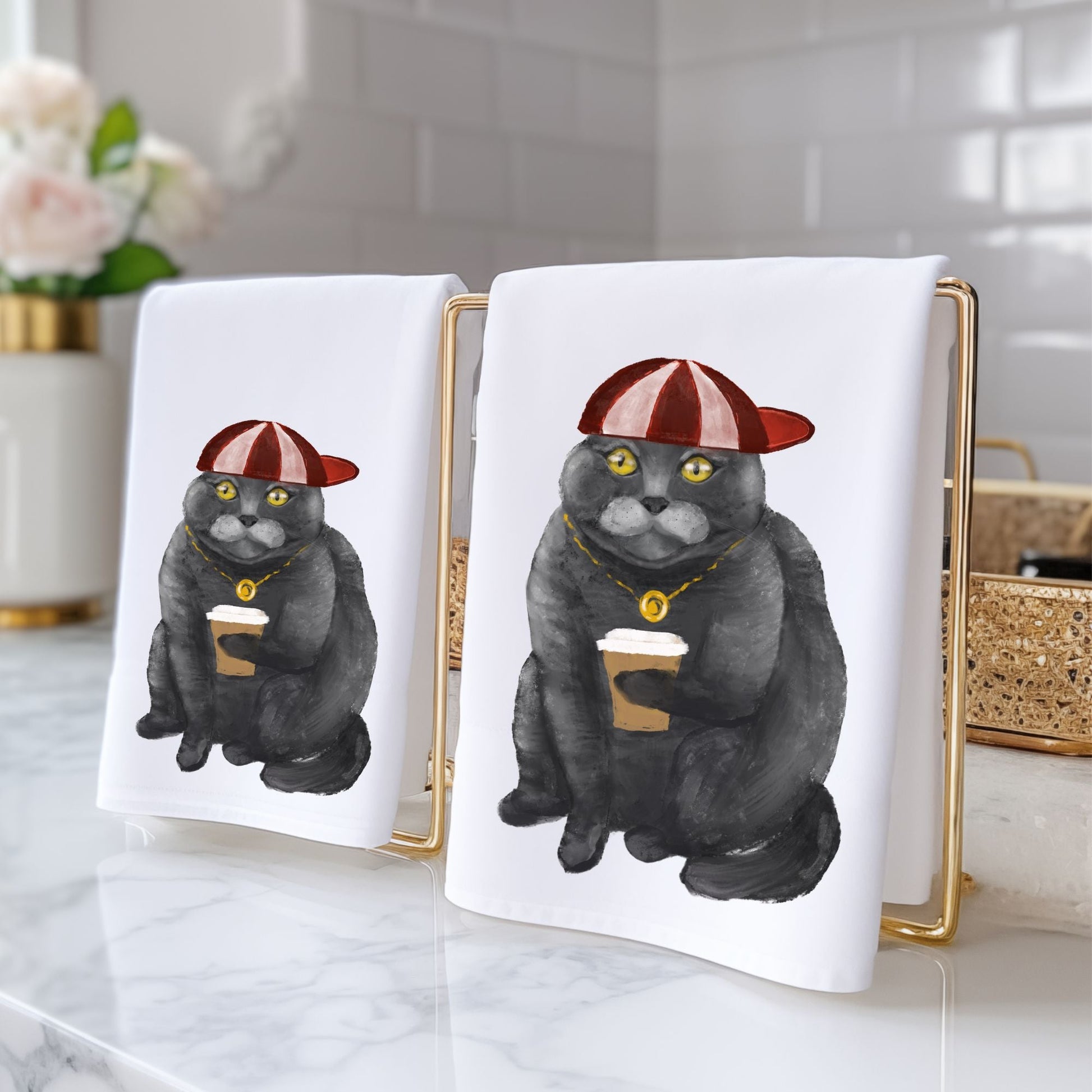 Cool Cat with Coffee Bathroom Towel - MerikaArt