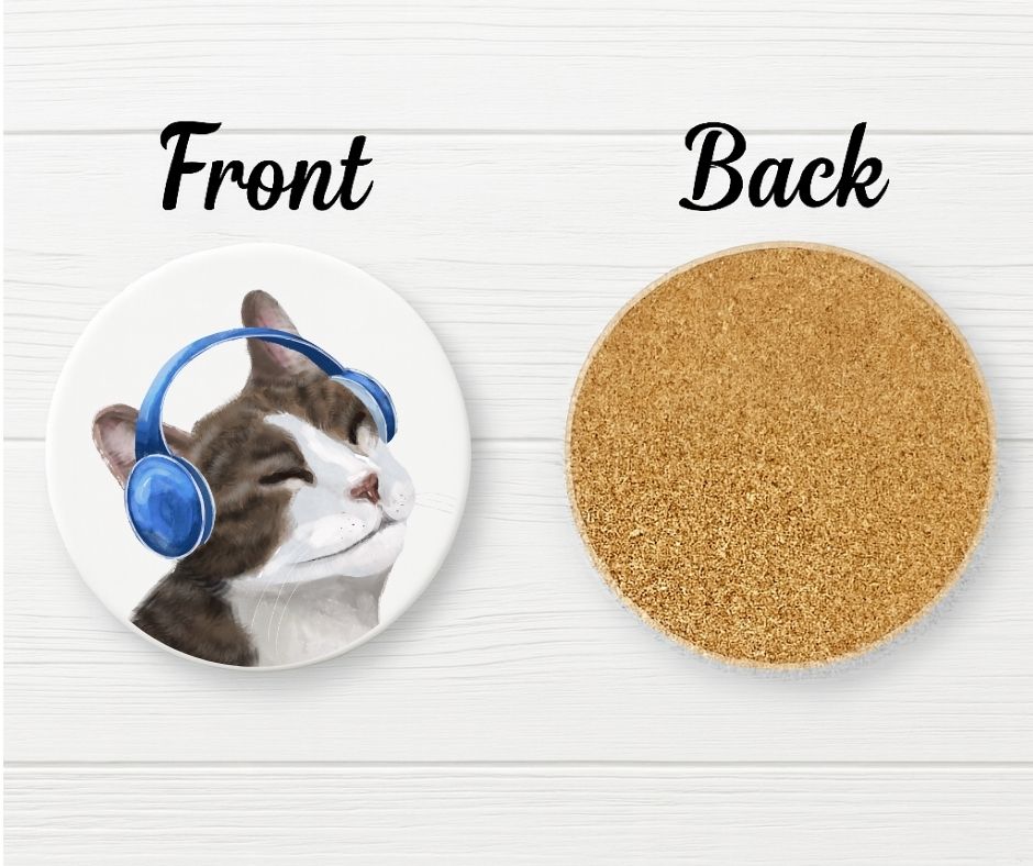 Cool Cat with Headphones Ceramic Coaster - MerikaArt