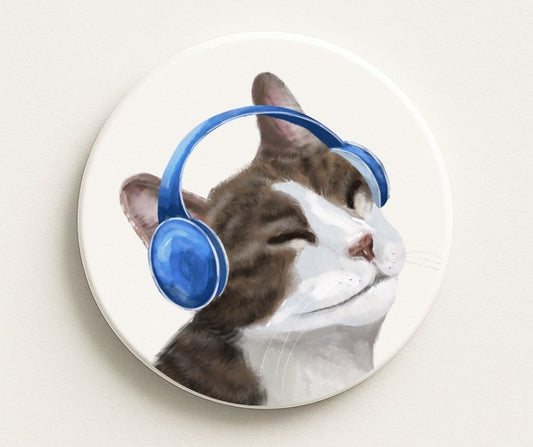 Cool Cat with Headphones Ceramic Coaster - MerikaArt