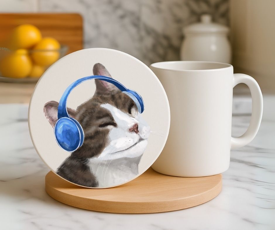 Cool Cat with Headphones Ceramic Coaster - MerikaArt