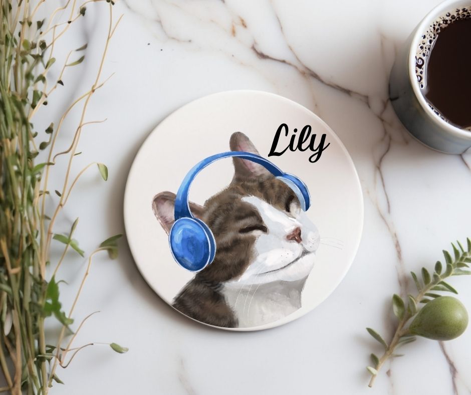 Cool Cat with Headphones Ceramic Coaster - MerikaArt