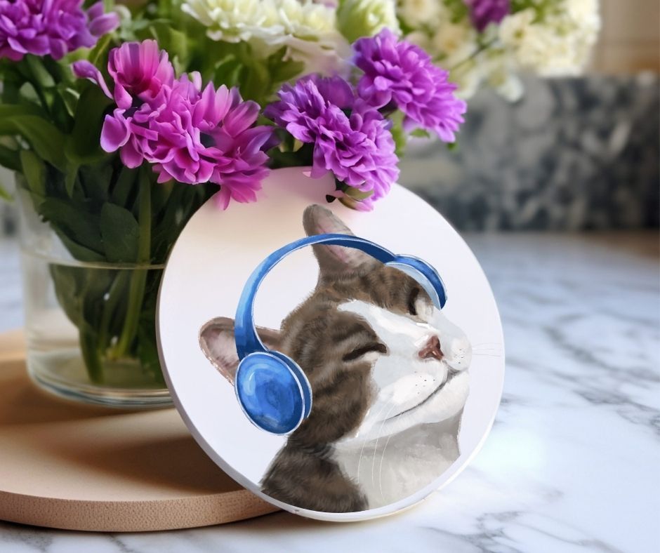 Cool Cat with Headphones Ceramic Coaster - MerikaArt