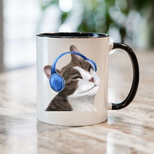 Cool Cat with Headphones Ceramic Coffee Mug - MerikaArt