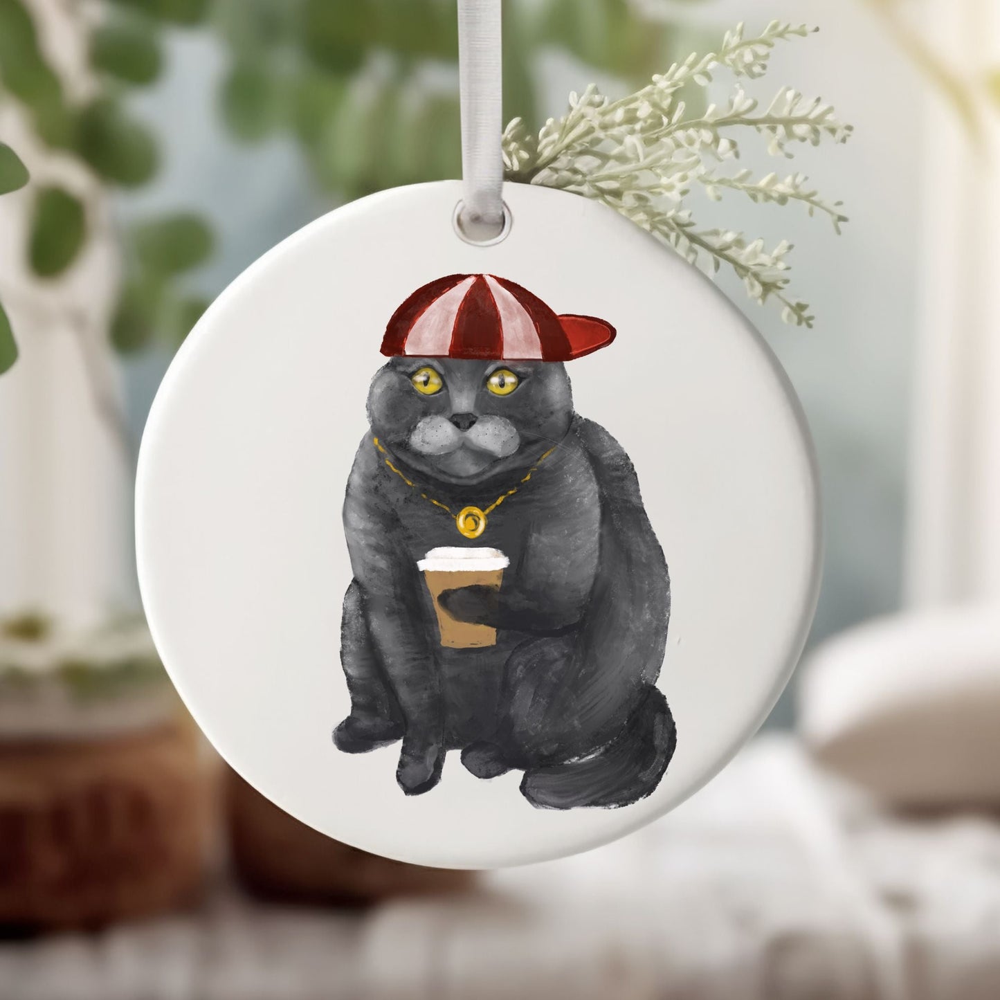 Cool Gray Cat Ceramic Ornament - MerikaArt