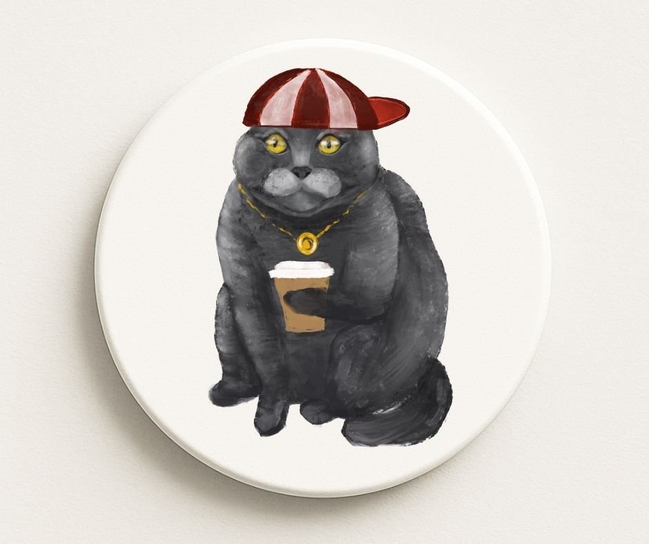 Cool Gray Cat with Coffee Ceramic Coaster - MerikaArt
