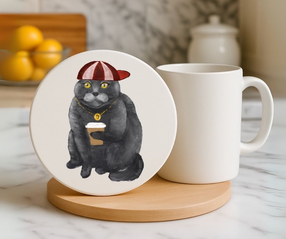 Cool Gray Cat with Coffee Ceramic Coaster - MerikaArt