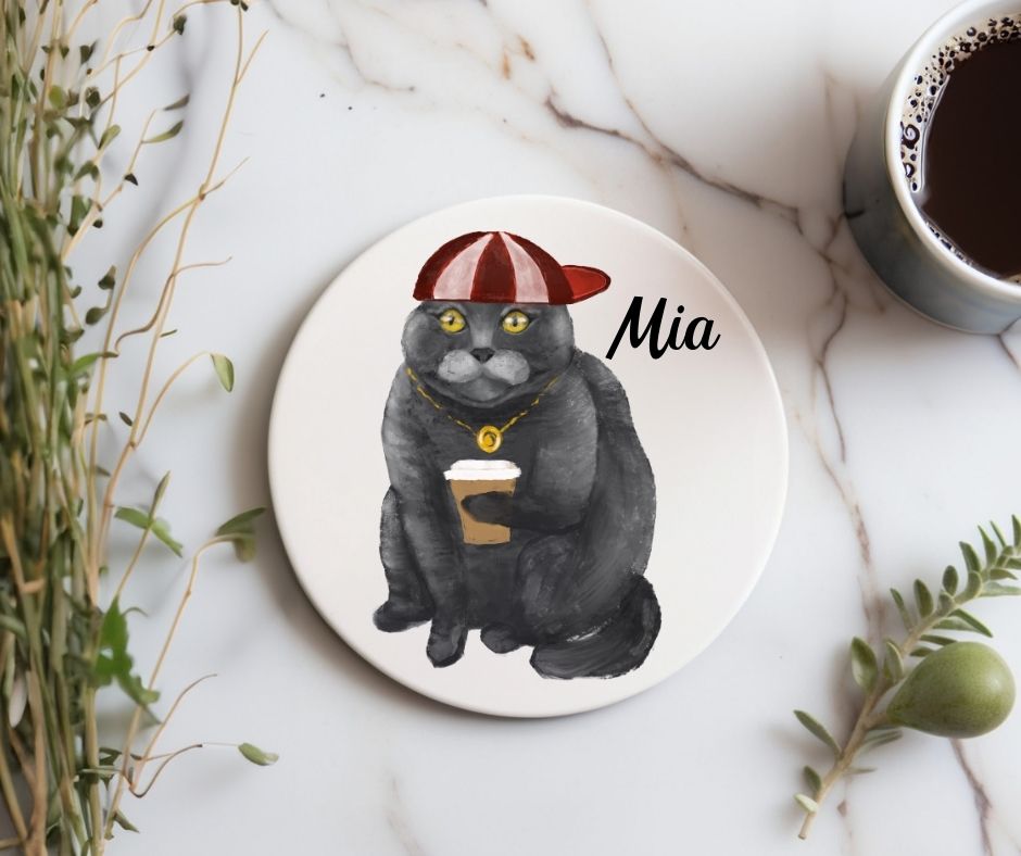 Cool Gray Cat with Coffee Ceramic Coaster - MerikaArt