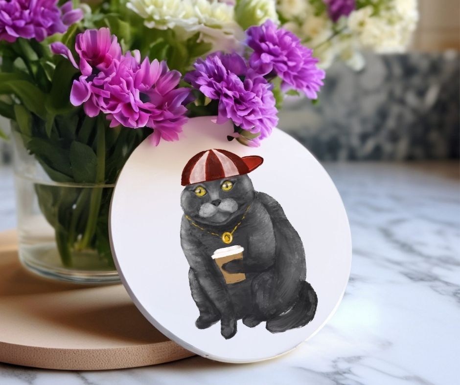 Cool Gray Cat with Coffee Ceramic Coaster - MerikaArt