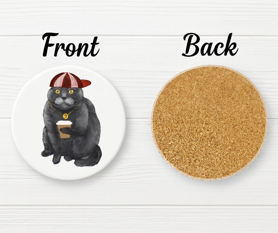 Cool Gray Cat with Coffee Ceramic Coaster - MerikaArt
