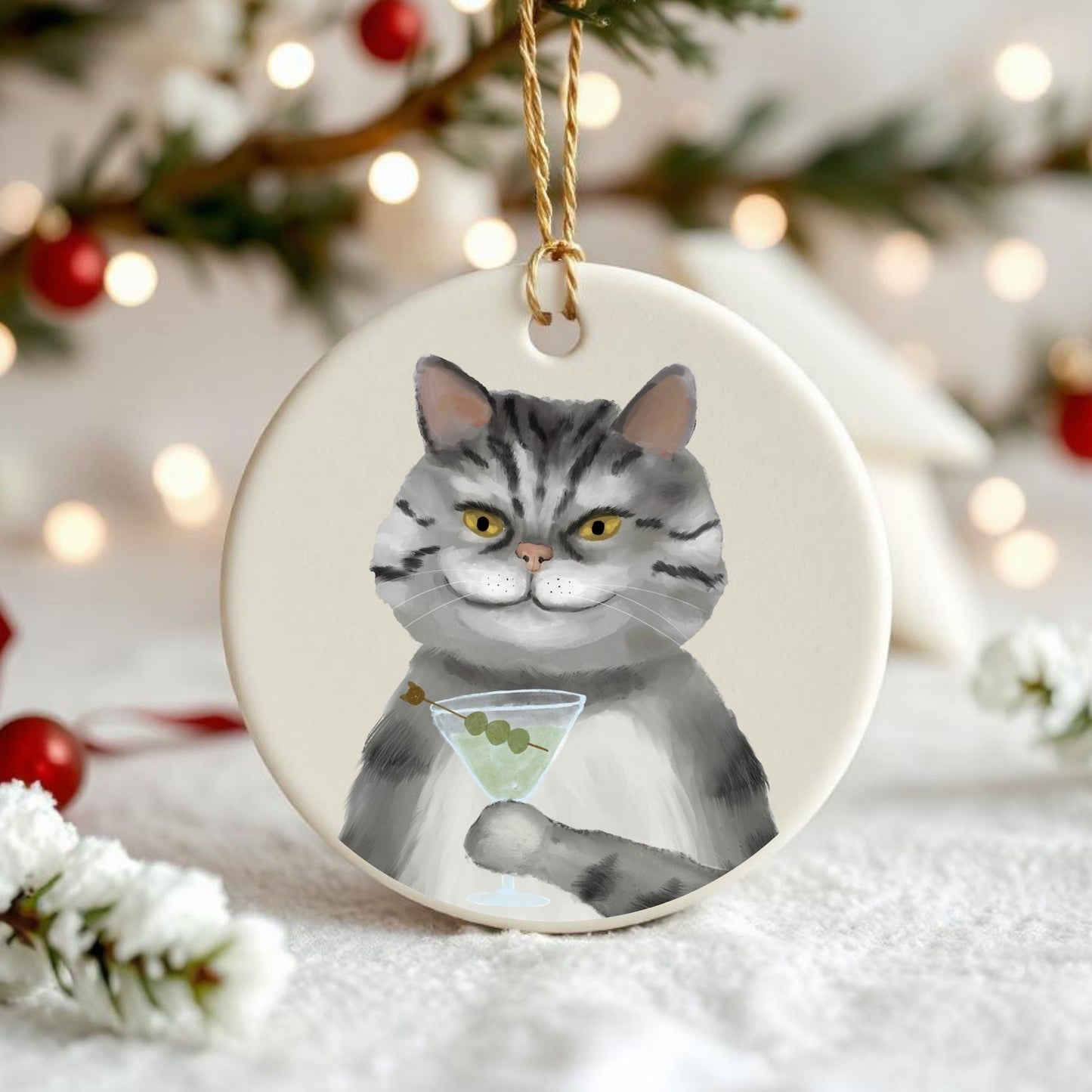 Cool Gray Tabby Cat Ceramic Ornament - MerikaArt