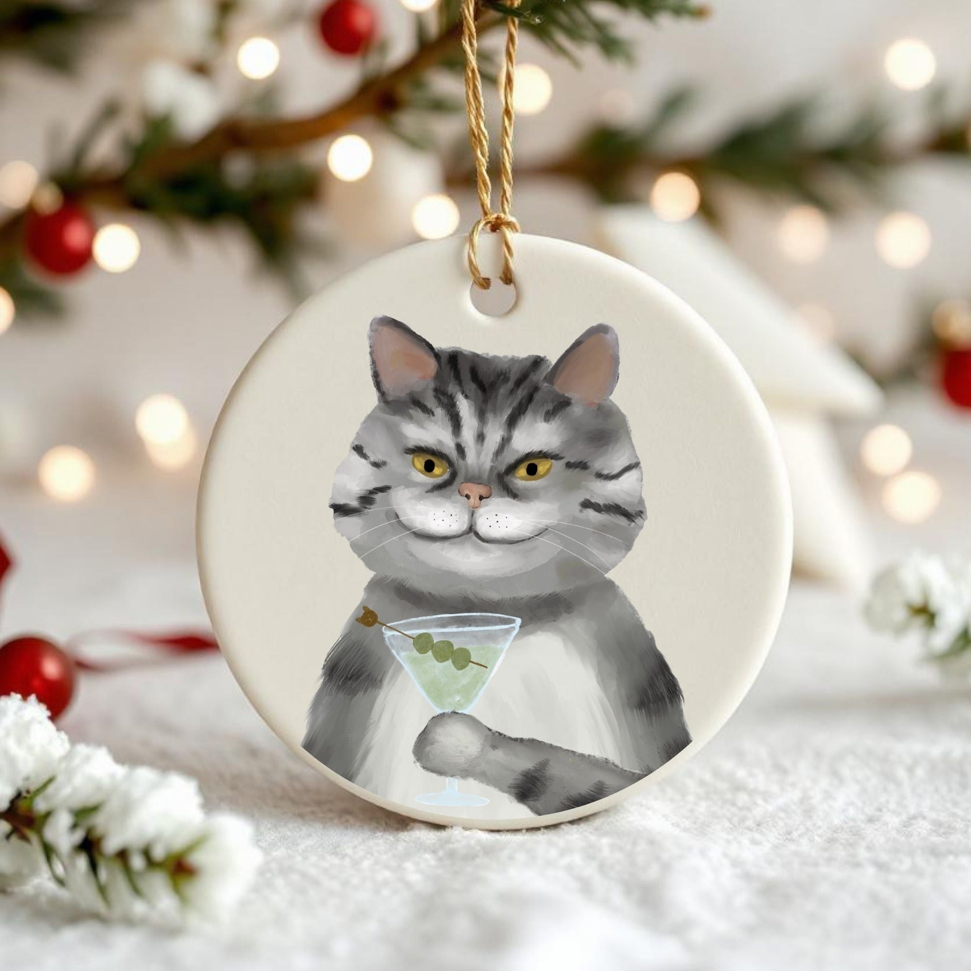 Cool Gray Tabby Cat Ceramic Ornament - MerikaArt